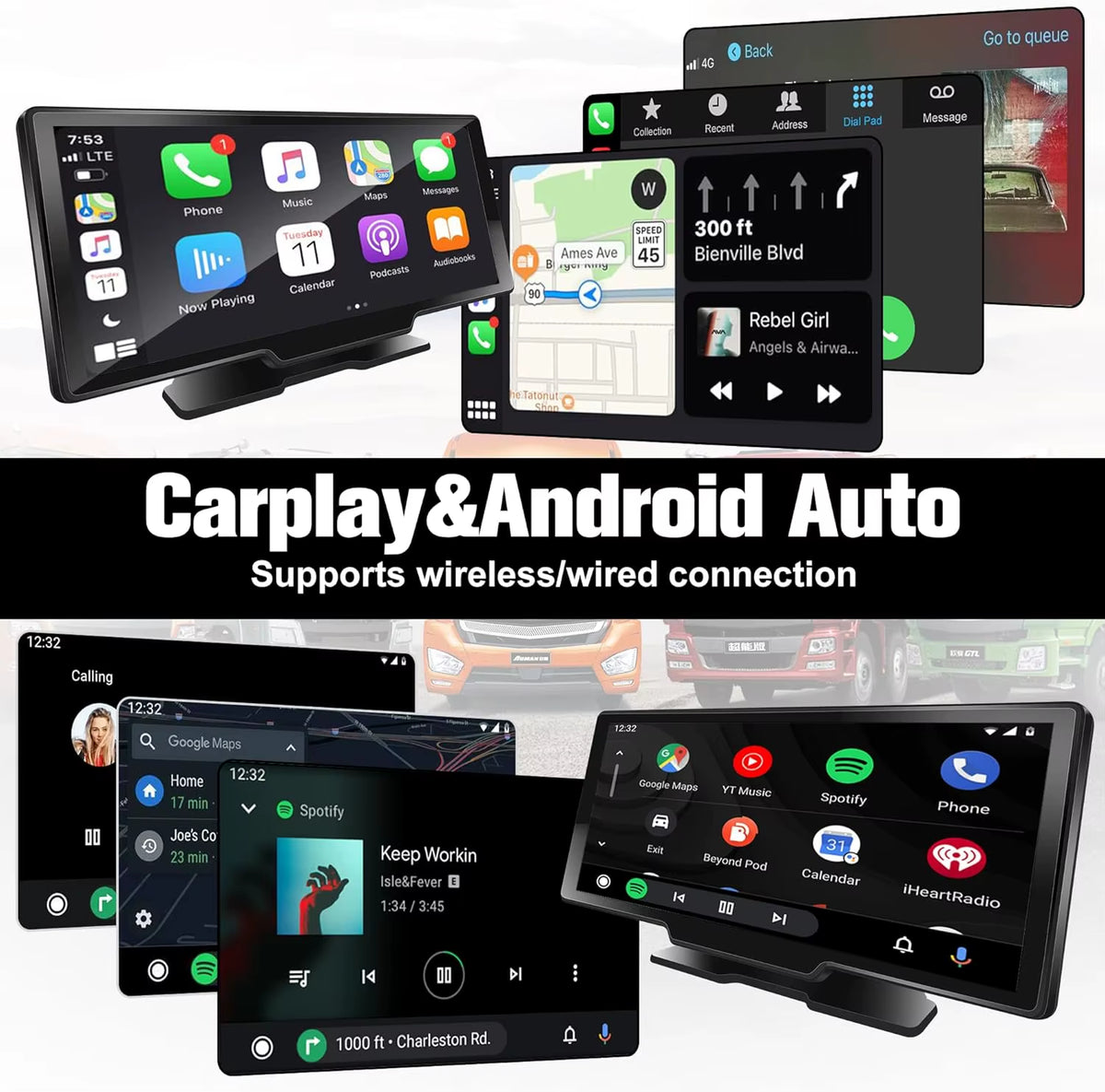 Android Carplay Car Stereo,Carplay Android Auto,10.26'' Portable Display 1080P Car Stereo FM Transmitter Loop Recording Voice