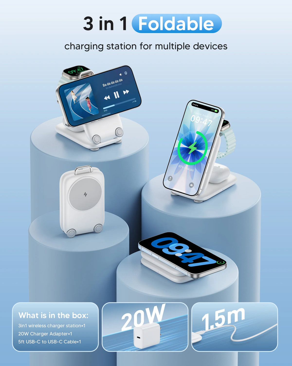 Suitcase 3-In-1 Foldable Magnetic Wireless Charger | Travel Charging Station