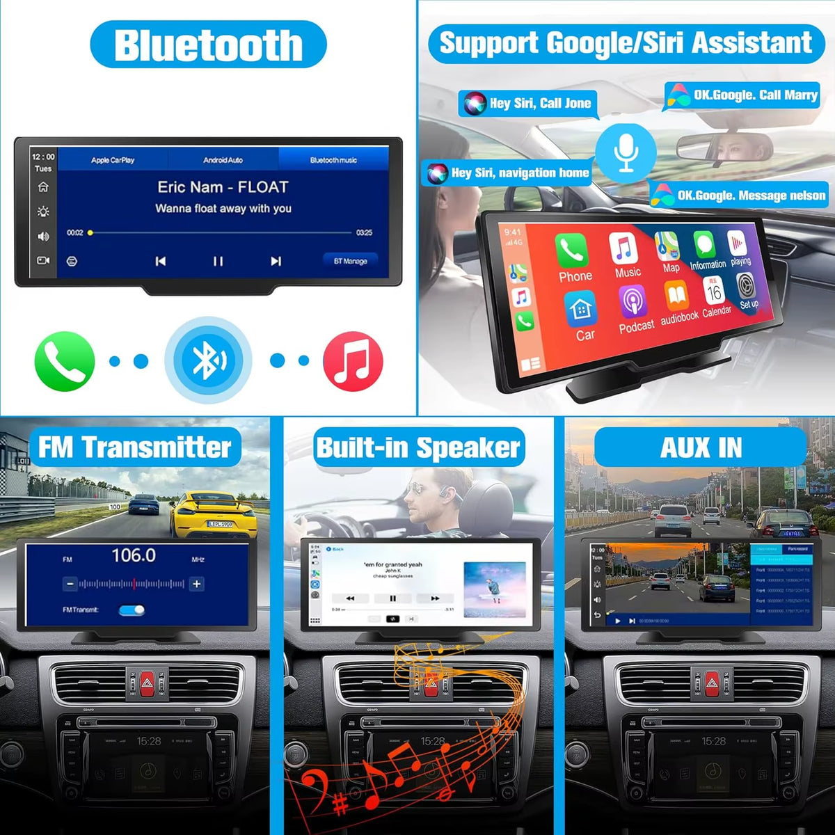 Android Carplay Car Stereo,Carplay Android Auto,10.26'' Portable Display 1080P Car Stereo FM Transmitter Loop Recording Voice