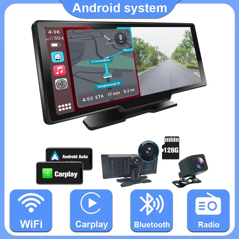 Android Carplay Car Stereo,Carplay Android Auto,10.26'' Portable Display 1080P Car Stereo FM Transmitter Loop Recording Voice