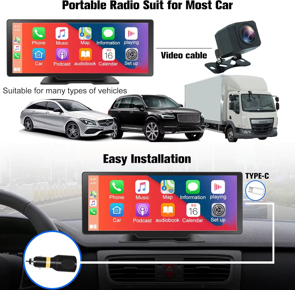 Android Carplay Car Stereo,Carplay Android Auto,10.26'' Portable Display 1080P Car Stereo FM Transmitter Loop Recording Voice