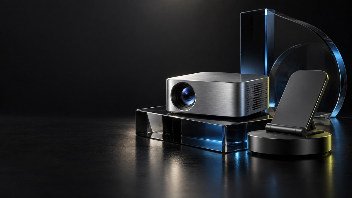 Conceptual studio artwork of unbranded technology devices for Rivière House Tech Atelier